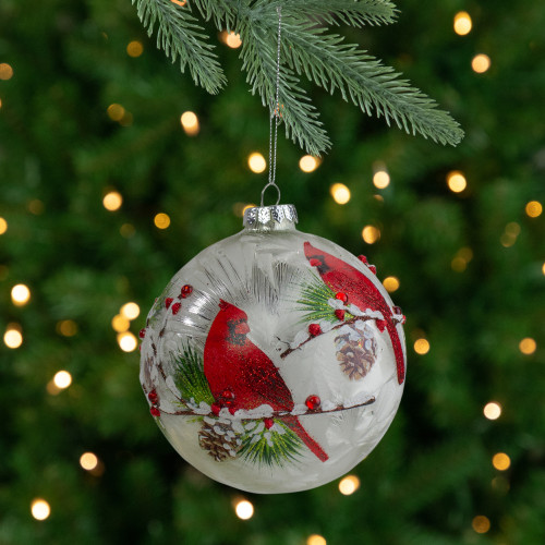 Cardinals and Faux Gems Glass Ball Christmas Ornament - 4.75" (120mm) - Red - IMAGE 1