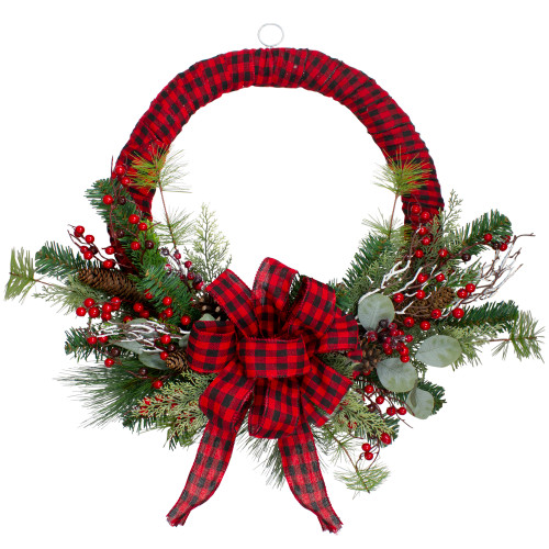 Red and Black Buffalo Plaid and Berry Artificial Christmas Wreath - 24-Inch, Unlit - IMAGE 1