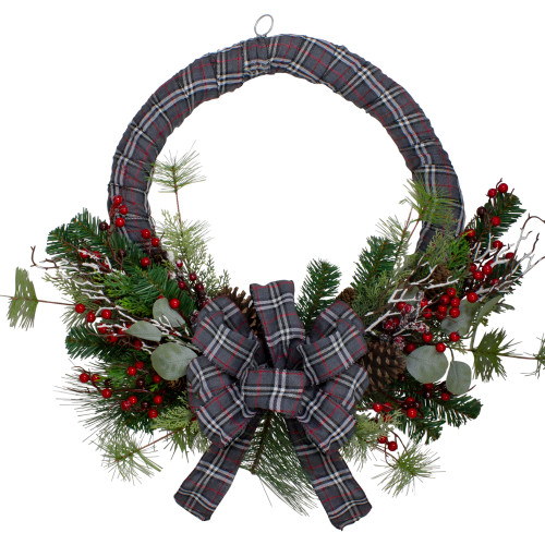 Mixed Foliage and Berries Artificial Christmas Plaid Fabric Half Wreath - 24" - Unlit - IMAGE 1