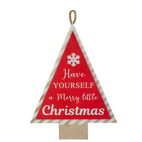 16” Red and White Merry Little Christmas Tree Wooden Hanging Wall Sign - IMAGE 1