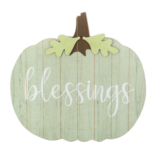 20" Green and Brown Blessings Pumpkin Wooden Thanksgiving Hanging Wall Sign - IMAGE 1