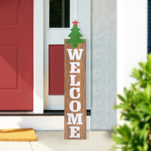 Christmas Tree and Star Wooden "Welcome" Porch Board Sign Decoration - 31.5" - Green - IMAGE 1