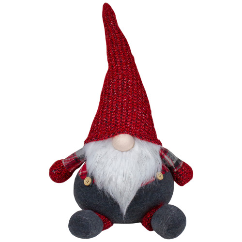 Chubby Plaid Gnome Sitting Figure Christmas Decoration - 18" - Red and Gray - IMAGE 1