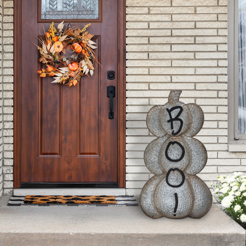 Boo! Stacked Pumpkins Metal Halloween Porch Sign - 28" - Silver - IMAGE 1