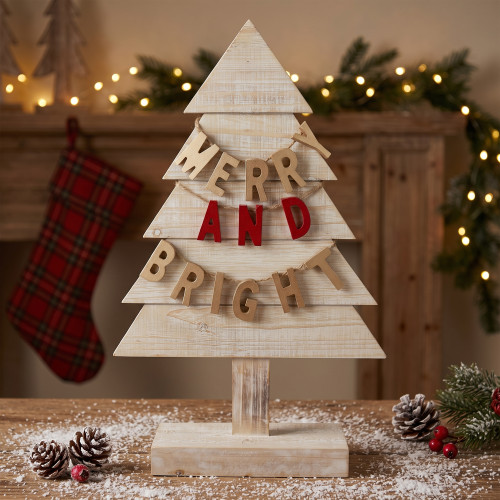 Wooden Tree "Merry and Bright" Christmas Decoration - 23" - Gold and Red - IMAGE 1