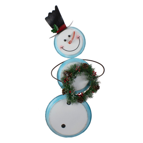 Metal Snowman with Wreath Christmas Decoration - 36" - White and Blue - IMAGE 1