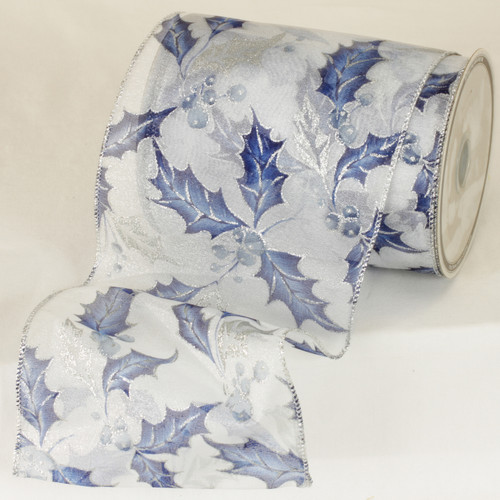 White and Blue Leaves Wired Craft Ribbon - IMAGE 1