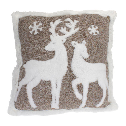 20" Brown and White Plush High Pile Fleece Throw Pillow with Reindeer - IMAGE 1