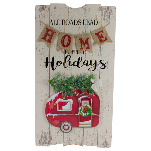 24-Inch Lighted All Roads Lead Home Vintage Red Trailer Christmas Wall Sign - IMAGE 1