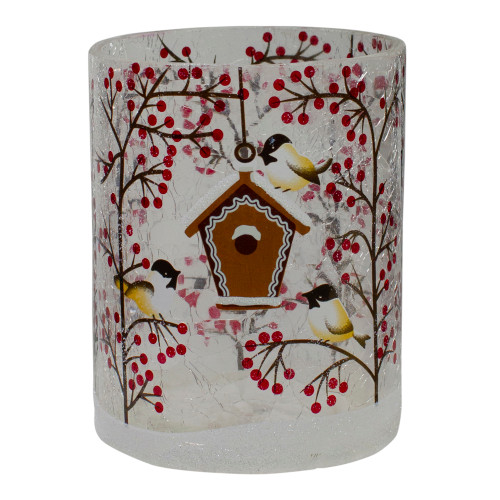 5" Hand Painted Sparrows and Berries Flameless Glass Christmas Candle Holder - IMAGE 1