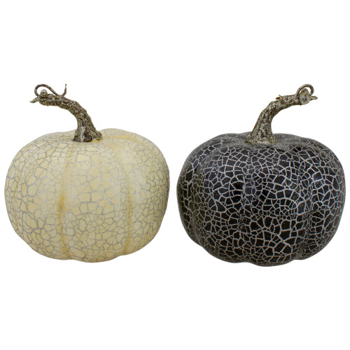 Set of 2 Black and Cream Fall Harvest Tabletop Pumpkins With a Brown Stem 5" - IMAGE 1