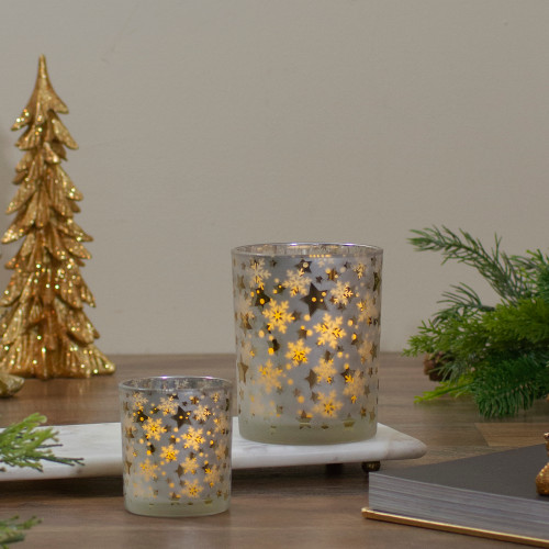 Frosted Stars and Snowflakes Glass Christmas Candle Holder - 3"  - Matte Silver and Gold - IMAGE 1