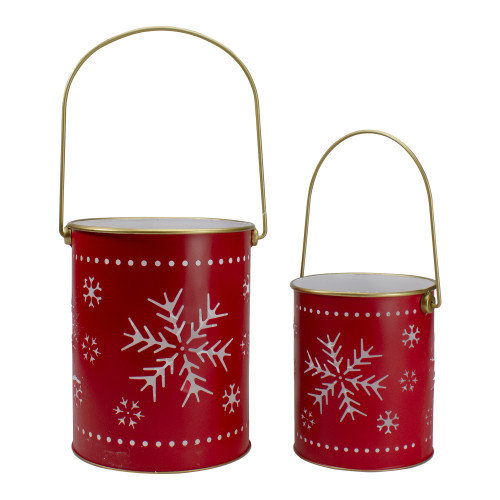 Set of 2 Red and Gold Metal Snowflake Candle Lanterns Christmas Decoration - IMAGE 1