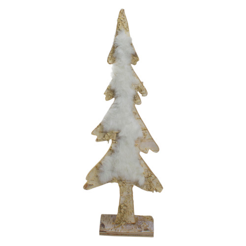 Wooden Tree With Faux Fur Christmas Decoration - 13.5" - Brown and White - IMAGE 1