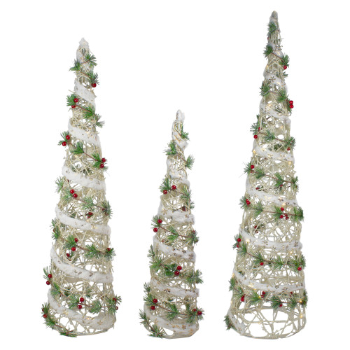 Set of 3 Lighted White Berry and Pine Needle Cone Tree Christmas Decorations - IMAGE 1