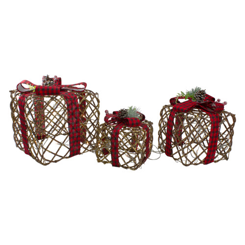 Lighted Rattan Christmas Gift Boxes with Pinecones - LED Warm White - Set of 3 - IMAGE 1