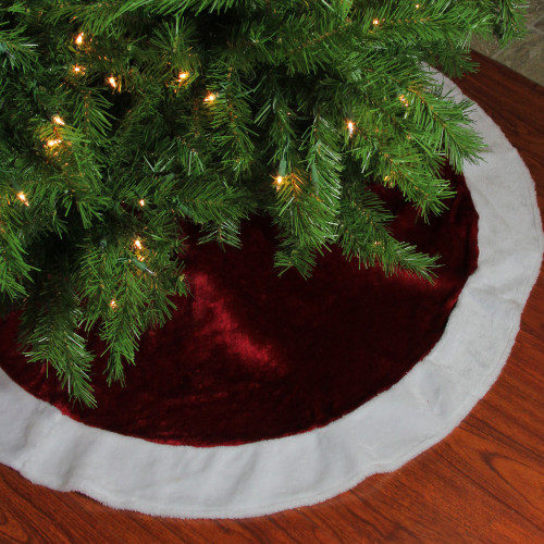 48" White and Burgundy Plush Christmas Tree Skirt - IMAGE 1