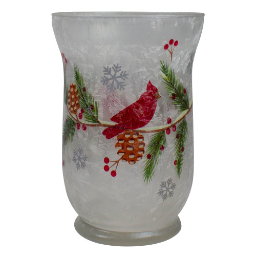 4" Hand Painted Christmas Cardinal and Pine Flameless Glass Candle Holder - IMAGE 1