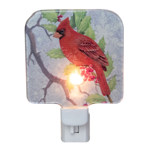 Red Cardinal on Holly and Berry Branch Glass Christmas Night Light - 4" - IMAGE 1