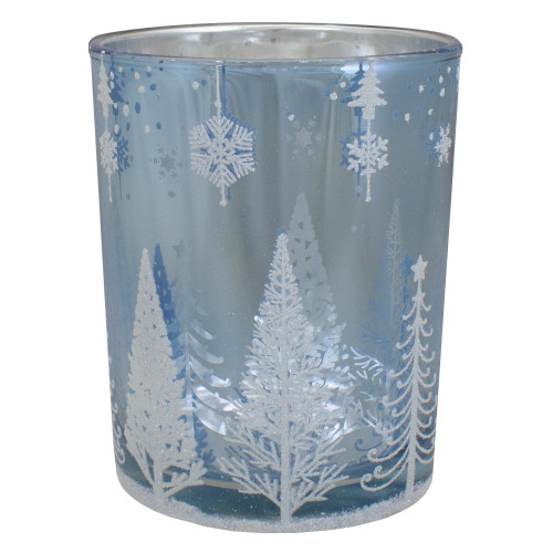 5" Shiny Blue and Silver Winter Forest and Snowflake Flameless Candle Holder - IMAGE 1