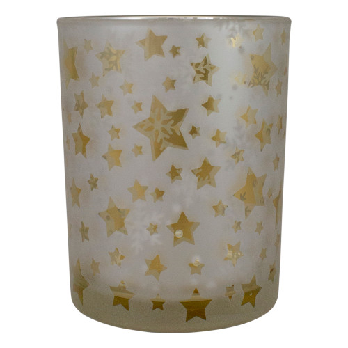 5" Matte Silver and Gold Stars and Snowflakes Flameless Glass Candle Holder - IMAGE 1