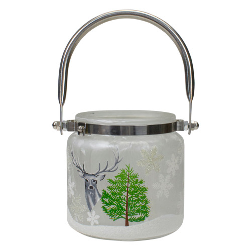 Glittered Lantern-Style Deer and Snowflakes Glass Christmas Candle Holder - 4" - IMAGE 1