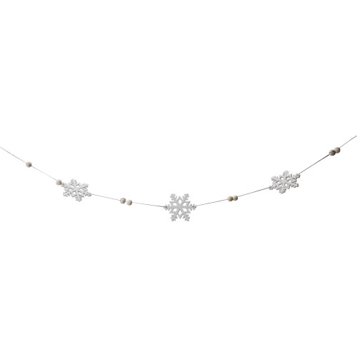 White Glitter Dusted Snowflake Christmas Garland with Wooden Beads - 5.25' - IMAGE 1