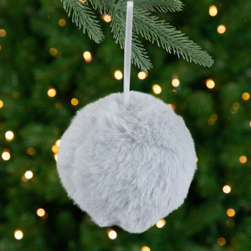 Plush Furry Christmas Ball Ornament - 3" - Light Gray - IMAGE 1