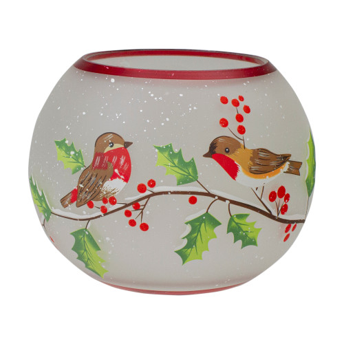 5-Inch Hand Painted Finches and Pine Flameless Glass Candle Holder - IMAGE 1