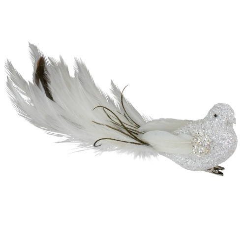 Glittered Bird with Feather Tail Clip-on Christmas Ornament - 8" - White and Black - IMAGE 1