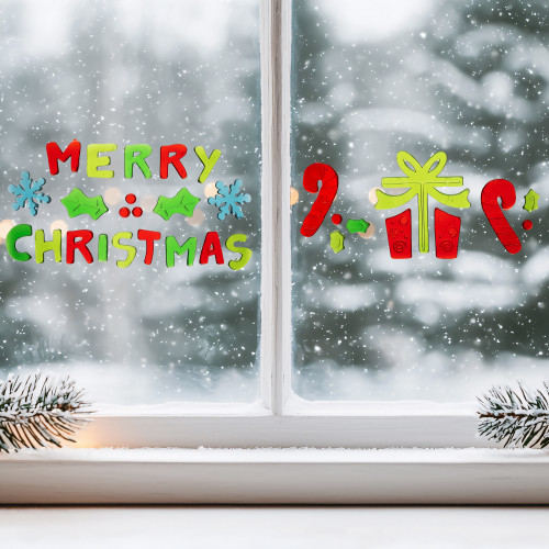 31-Piece Red and Green "Merry Christmas" Gel Christmas Window Clings - IMAGE 1