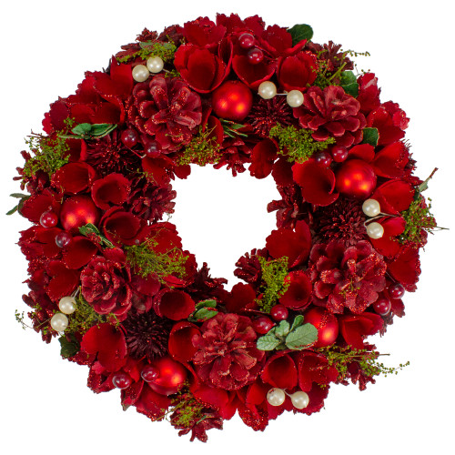 Red and Green Velvet Floral With Berries Christmas Wreath,12-Inch - IMAGE 1