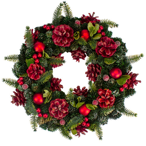 Red  Pine Cones and Ornaments Christmas Wreath, 13" - Unlit - IMAGE 1