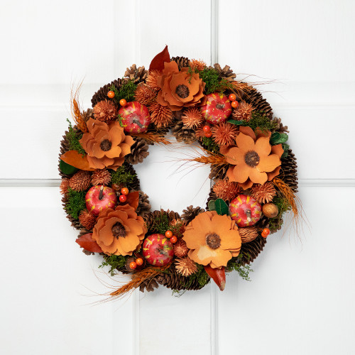 Shaved Wood Flowers with Gourds Small Artificial Fall Harvest Wreath - 13.25" - IMAGE 1