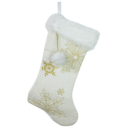 20" Cream with Gold Snowflakes Christmas Stocking with Faux Fur Cuff - IMAGE 1