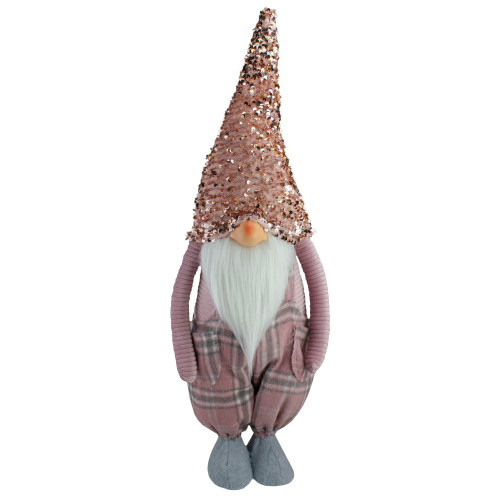 24" Pink and Gray Plaid Christmas Gnome with a Rose Gold Hat - IMAGE 1