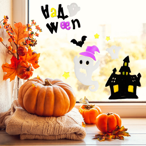 Haunted House and Ghost Halloween Gel Window Clings - Purple and Black - 15pc - IMAGE 1