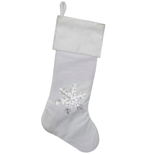 20" White Christmas Stocking with Silver Sequin Snowflake - IMAGE 1