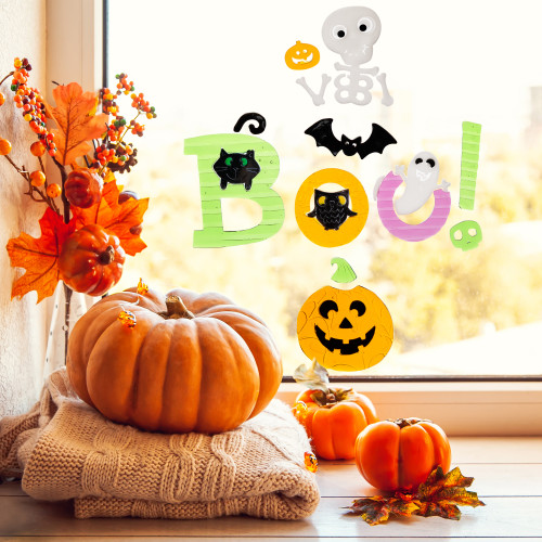 14-Piece Orange and Green "Boo!" Halloween Gel Window Clings - IMAGE 1