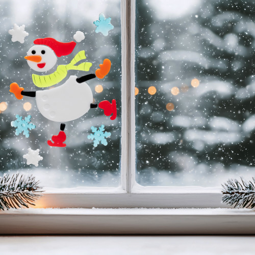 6-Piece Skating Snowman and Snowflakes Gel Christmas Window Clings - IMAGE 1