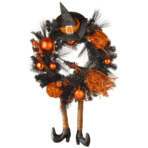 Witch with Ball Ornaments Halloween Wreath, Black and Orange 24-Inch - IMAGE 1