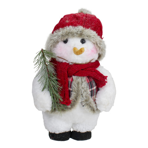 Plush Snowman with Pine Sprig Wearing Plaid Vest Christmas Figure - 10" - IMAGE 1