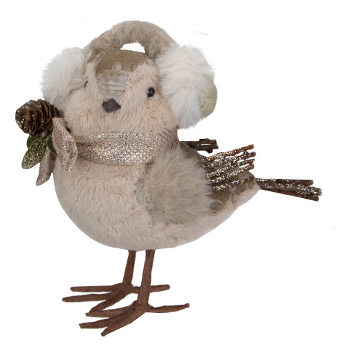 6" Beige and White Plush Bird in Earmuffs Christmas Figure - IMAGE 1