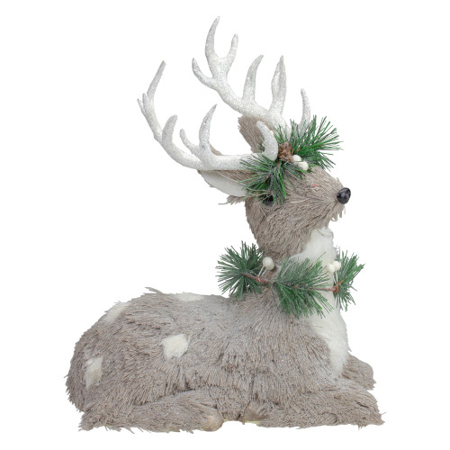 12.75" Gray Sitting Sisal Reindeer with Wreath Christmas Figure - IMAGE 1