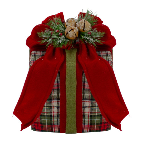 9" Red and Green Plaid Christmas Present Decoration with Bow - IMAGE 1