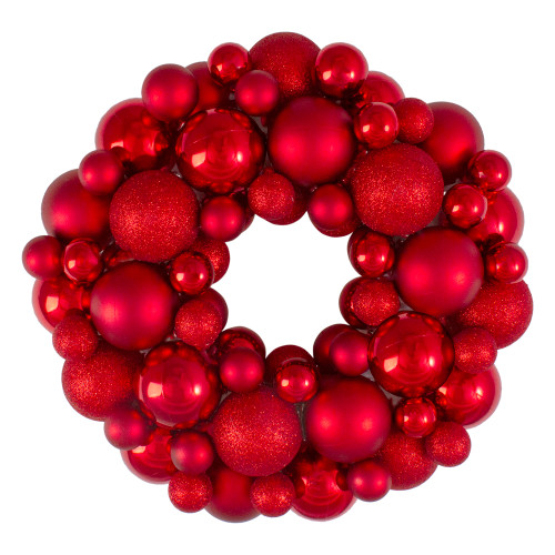 Red Hot 3-Finish Shatterproof Ball Christmas Wreath - 13-Inch, Unlit - IMAGE 1