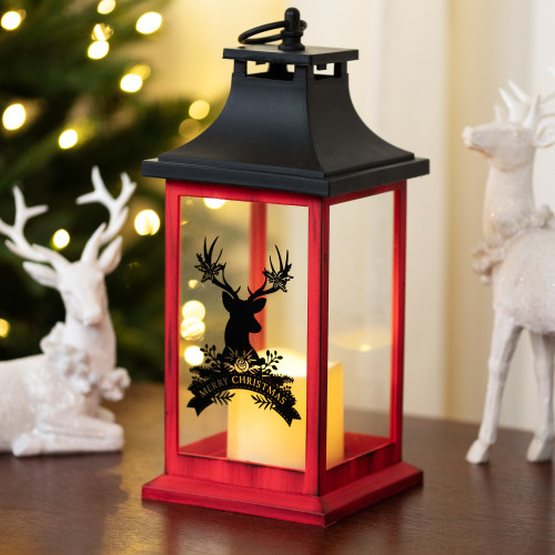 LED Lighted Merry Christmas Deer Flickering Candle Lantern - 13.75" - IMAGE 1