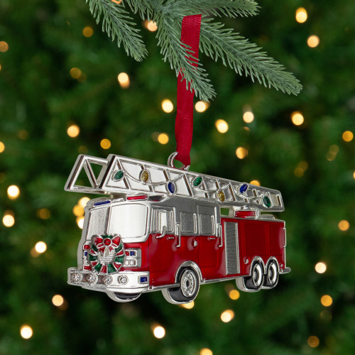 Plated Fire Truck with European Crystals Christmas Ornament - 3.5" - Red and Silver - IMAGE 1