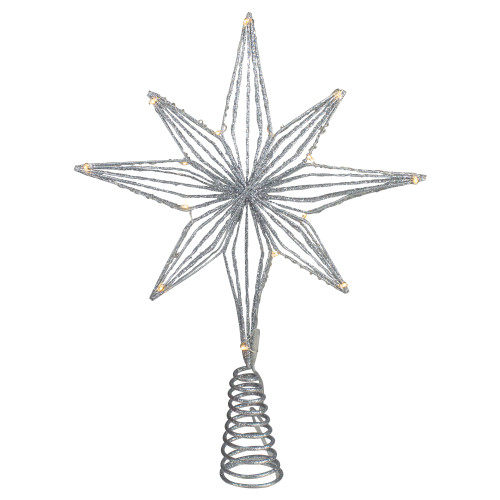 13.75" LED Lighted B/O Silver Glittered Geometric Star Christmas Tree Topper - Warm White Lights - IMAGE 1