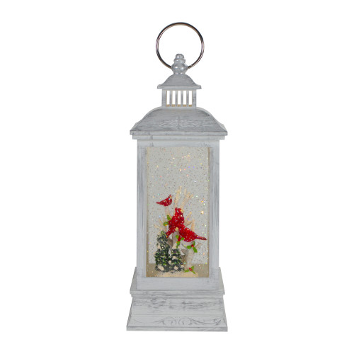 11" White and Brushed Silver Christmas Cardinals Snow Globe Lantern - IMAGE 1
